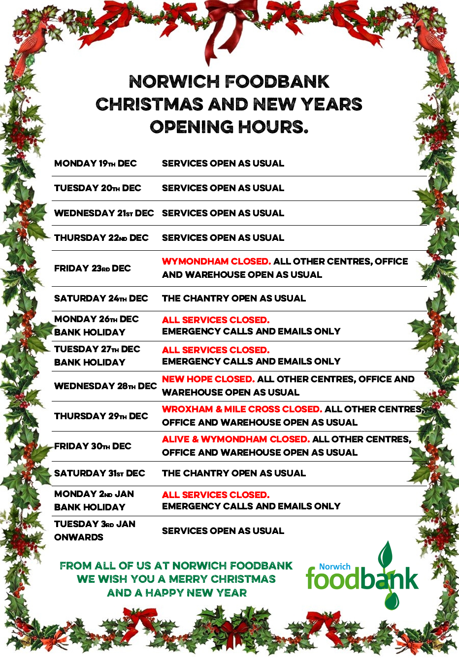 Christmas and New Years Opening Hours Norwich Foodbank